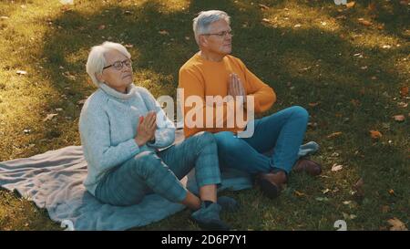 Concept de bien-être. Portrait d'un couple retraité senior heureux méditant dans le parc d'automne. Photo de haute qualité Banque D'Images