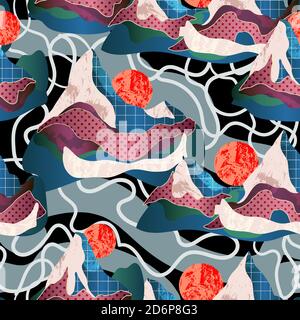 Motif sans couture avec paysage de montagne dans différentes textures. Vecteur. Illustration de Vecteur