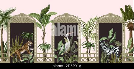 Bordure avec arbres tropicaux, animaux et ouvertures de portes dans un style de jardin. Imprimé intérieur tendance. Illustration de Vecteur