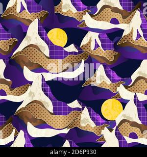 Motif sans couture avec paysage de montagne dans différentes textures. Vecteur. Illustration de Vecteur