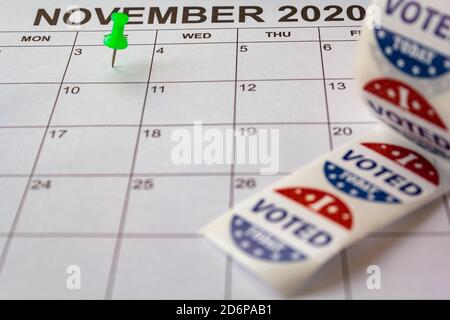 Calendrier avec le 3 novembre marqué avec PIN. CONCEPT du jour de l'élection AUX ÉTATS-UNIS Banque D'Images