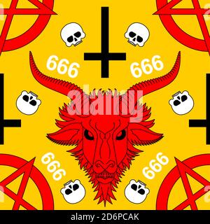 Motif Baphhomet Daemon sans couture. Arrière-plan satanique. Satan avec ornement de tête de chèvre. Texture pentagramme du symbole du diable Illustration de Vecteur