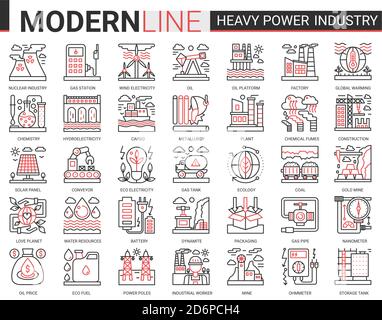 Heavy Power Industry Complex concept fin rouge ligne noire icône vecteur jeu avec le contour infographie symboles industriels de la métallurgie, usine chimique et usine, production d'électricité Illustration de Vecteur