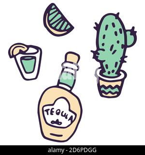 Tequila et cactus sur fond blanc isolé. Symbole du jour de la mort pour invitation ou carte-cadeau, bloc-notes, carreaux de bain, album étui de téléphone ou c Illustration de Vecteur