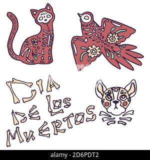 Chat tribal et oiseau sur fond blanc isolé. Le symbole du jour de la mort pour une invitation ou une carte-cadeau, un carnet, une tuile de bain, un album, un étui de téléphone ou un chiffon Illustration de Vecteur