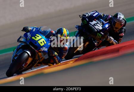 Alcaniz, Espagne. 18 octobre 2020. Joan Mir (L) de Suzuki Ecstar manèges pendant la course du Grand Prix d'Aragon à Alcaniz, Espagne, 18 octobre 2020. Crédit: Pablo Morano/Xinhua/Alay Live News Banque D'Images