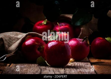 Pommes rouges avec gouttes sur fond en bois vintage, mise au point sélective Banque D'Images