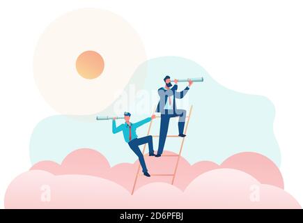 Les hommes d'affaires derrière les nuages se tiennent sur les escaliers et regardent dans la distance à travers le tube honteux. Métaphore de la recherche d'opportunités commerciales. Concept de développement, inv Illustration de Vecteur