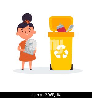 Mignonne fille triant les déchets et les ordures pour le recyclage Illustration de Vecteur