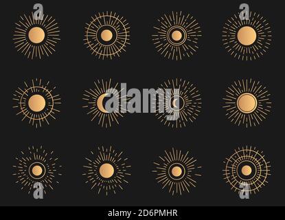 Ensemble doré de soleil et de lune rayonnantes. Elément abstrait linéaire, or clair de lune style magique oriental. Vintage silhouette lumière rayons grand pour tatouage, logo ou symbole d'astrologie. Illustration vectorielle isolée Illustration de Vecteur