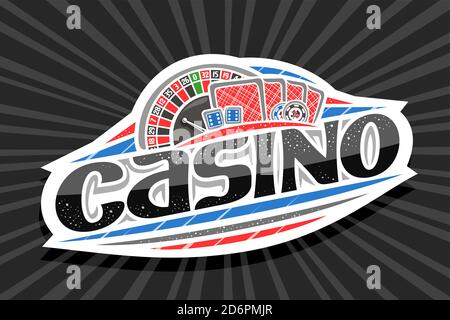 Logo vectoriel pour Casino, badge blanc moderne avec illustration de la roulette et des cartes à jouer, lettrage unique pour le casino de mot noir, signe de pari b Illustration de Vecteur