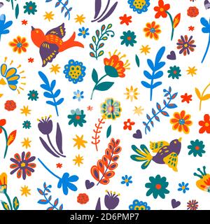 Fleurs et feuillage avec motif oiseaux volants sans couture Illustration de Vecteur