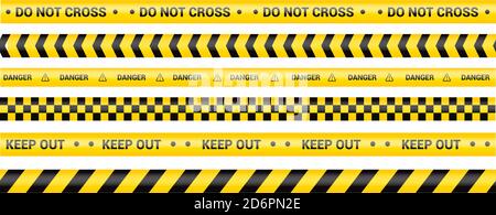 Bande de police, ligne de danger de crime. Attention lignes de police isolées. Rubans d'avertissement et de barricade. Jeu de rubans d'avertissement jaunes. Illustration vectorielle Illustration de Vecteur