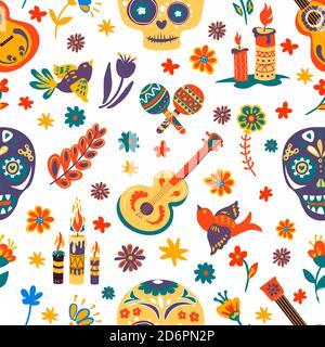 Le jour des morts symboles de vacances mexicaines motif sans couture Illustration de Vecteur