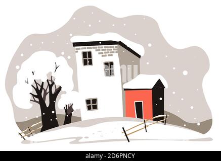 Paysage urbain d'hiver avec maisons et arbres couverts de neige Illustration de Vecteur