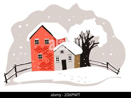 Maisons et arbres couverts de neige, paysage d'hiver Illustration de Vecteur