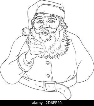 Dessin d'art de ligne illustration de Santa Claus, Saint Nicholas, Saint Nick, Kris Kringle ou Père Noël pointant l'index vers le spectateur disant que je wa Illustration de Vecteur