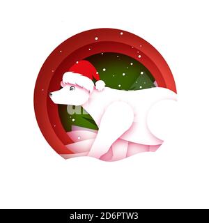 Carte de voeux à motif joyeux Noël avec ours polaire. Ursus maritimus. Joli ours polaire portant chapeau de Père Noël en papier. Bonne Année. Rouge. Illustration de Vecteur