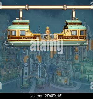 Le bus touristique Steampunk FANTASY dans une ville futuriste Banque D'Images