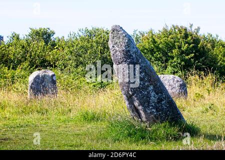 La pierre penchée centrale du cercle de pierres Boscawen-un, un âge de bronze fin néolithique-début (env 2500-1500 BC) monument, ouest de Cornwall, Angleterre, Banque D'Images