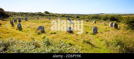 Le cercle de pierres de Boscawen-un, un âge de bronze néolithique tardif-précoce (env 2500-1500 BC), West Cornwall, Angleterre, Royaume-Uni. (NOIR ET BLANC) Banque D'Images