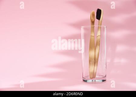 Brosses à dents en bambou en verre et ombres à feuilles sur fond rose Banque D'Images