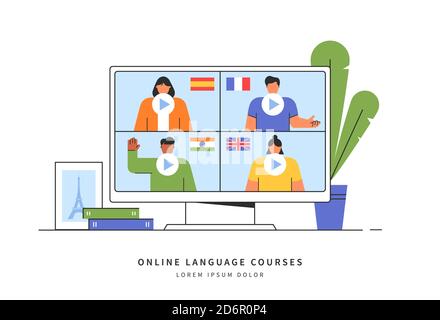 E-apprentissage des langues étrangères. Concept d'éducation à distance en ligne. Des enseignants de différents pays donnent des leçons sur le site Web. Vecteur. Illustration de Vecteur