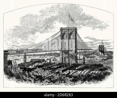 Une ancienne gravure du pont de Brooklyn, un pont hybride à suspension/passage de câbles à New York, aux États-Unis. Il est issu d'un livre victorien d'ingénierie mécanique des années 1880. Ouvert en 1883, le pont de Brooklyn fut le premier passage fixe à travers l'East River entre Manhattan et Brooklyn. C'était aussi le plus long pont suspendu au monde au moment de son ouverture. Il a été conçu par John A. Roebling. Il transportons des véhicules tirés par des chevaux et des lignes de chemin de fer surélevées jusqu'en 1950. Désormais, seuls les véhicules de tourisme et la circulation piétonnière et cycliste sont autorisés. Banque D'Images