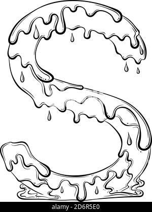 Lettre S avec gouttes d'eau et éclaboussures de matière. Symbole de liquide goutte à goutte. Police vectorielle tendance, style art au trait dessiné à la main, isolée sur fond blanc. Logo Slime ou lettre initiale. Illustration de Vecteur