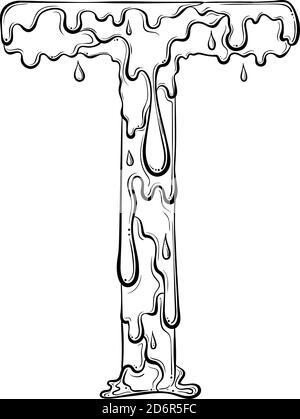 Lettre T avec gouttes d'eau et éclaboussures de matière. Symbole de liquide goutte à goutte. Police vectorielle tendance, style art au trait dessiné à la main, isolée sur fond blanc. Logo Slime ou lettre initiale. Illustration de Vecteur