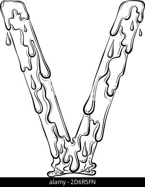 Lettre V avec gouttes d'eau et éclaboussures de matière. Symbole de liquide goutte à goutte. Police vectorielle tendance, style art au trait dessiné à la main, isolée sur fond blanc. Logo Slime ou lettre initiale. Illustration de Vecteur