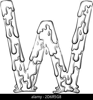 Lettre W avec gouttes d'eau et éclaboussures de matière. Symbole de liquide goutte à goutte. Police vectorielle tendance, style art au trait dessiné à la main, isolée sur fond blanc. Logo Slime ou lettre initiale. Illustration de Vecteur