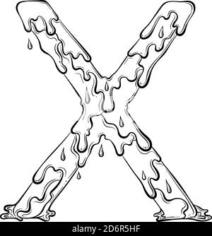 Lettre X avec gouttes d'eau et éclaboussures de matière. Symbole de liquide goutte à goutte. Police vectorielle tendance, style art au trait dessiné à la main, isolée sur fond blanc. Logo Slime ou lettre initiale. Illustration de Vecteur