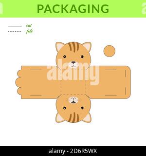 Bricolage partie faveur chat boîte pour les anniversaires, douches de bébé pour bonbons, bonbons, petits cadeaux, boulangerie. Modèle de modèle de boîte de vente au détail. Impression, découpe, pliage, g Illustration de Vecteur