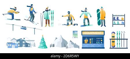 Station de ski d'hiver, illustration vectorielle isolée. Skieur, snowboarder, équipement à louer, téléphérique, piste de montagne. Illustration de Vecteur