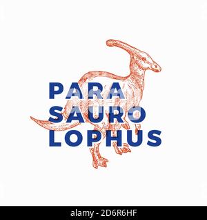 Modèle de symbole, de logo ou de signe abstrait de dinosaure préhistorique. Parasaurolophus Reptile dessiné à la main avec étiquette typographique moderne. T-shirt Vector élégant Illustration de Vecteur