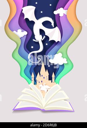 Livre d'histoire ouvert avec château médiéval, chevalier, silhouettes de dragon. Illustration vectorielle en style de coupe de papier. Journée du conte de fées Illustration de Vecteur