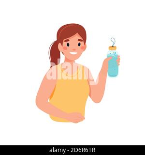 Buvez plus d'eau. Femme personnage avec une bouteille d'eau Banque D'Images