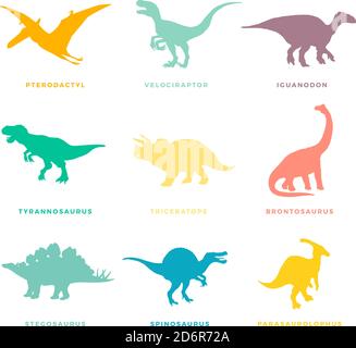 Dinosaures préhistoriques signes, symboles ou illustrations ensemble. Collection Silhouttes de reptiles anciens vectoriels colorés. Illustration de Vecteur