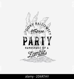 Modèle d'étiquette ou de logo de fête d'Halloween de style vintage. Symbole d'esquisse manuelle Zombie et Typographie rétro. Illustration de Vecteur