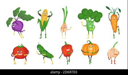 Ensemble de personnages de légumes mignons et amusants, illustration vectorielle plate. Illustration de Vecteur