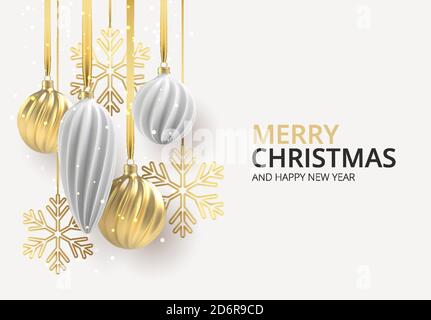 Fond de Noël avec des jouets d'arbre de Noël de blanc et d'or, une spirale de boules. Illustration vectorielle. Illustration de Vecteur