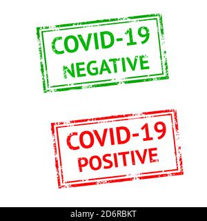 COVID-19 texte NÉGATIF et POSITIF par timbres en caoutchouc rouge et vert, image conceptuelle Banque D'Images