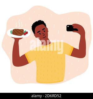 Caucasien homme alimentation blogger faisant photo selfie avec steak de saumon et citron et romarin pour le blog. Adorable garçon avec appareil photo pour smartphone. Vecteur de médias sociaux Illustration de Vecteur