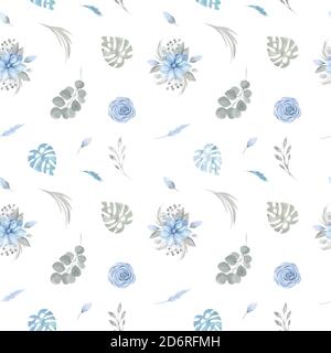 Motif sans couture de fleurs bleues florales et de verdure sur fond blanc. Feuilles de magnolia rose, feuilles tropicales, la branche de l'eucalyptus. Botanique Illustration de Vecteur