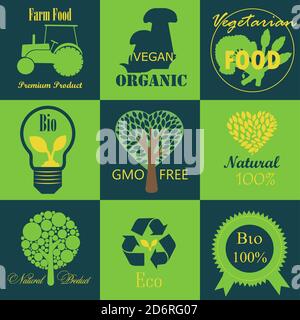 Un ensemble de logos sur le véganisme, l'écologie, les produits agricoles et les fruits et légumes naturels biologiques. Icônes plates du végétarisme, de la nourriture saine et de la production naturelle. Protection de l'environnement.conception graphique, modifiable pour votre conception. Illustration de Vecteur