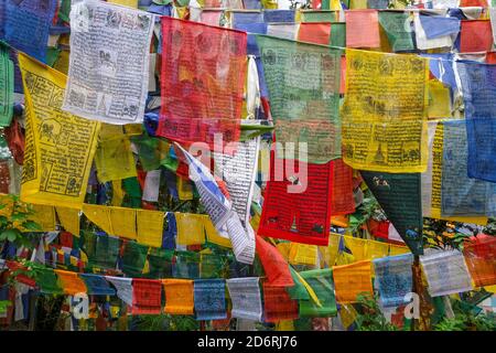 Darjeeling, Inde - octobre 2020 : drapeaux de prière au temple de Mahakal sur la colline de l'Observatoire le 13 octobre 2020 à Darjeeling, Bengala occidental, Inde. Banque D'Images