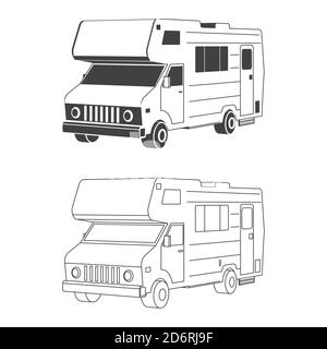 Ensemble de camping-car pour camion de tourisme isométrique à lignes fines et silhuette. 3d Camping caravane familiale caravane icône contour. Camping camping-car isolé sur blanc. Concept de voyage en famille en camping-car d'été. Vecteur Illustration de Vecteur