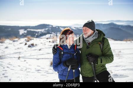 Des randonneurs en couple avec des bâtons de marche nordique dans la nature enneigée de l'hiver. Banque D'Images