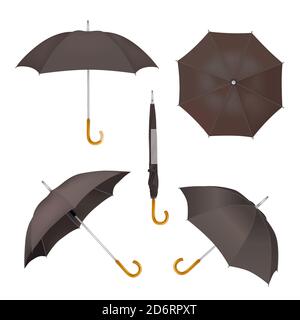 Maquette de parapluie noire, illustration vectorielle isolée sur fond blanc. Parasols pliables et ouverts réalistes. Illustration de Vecteur